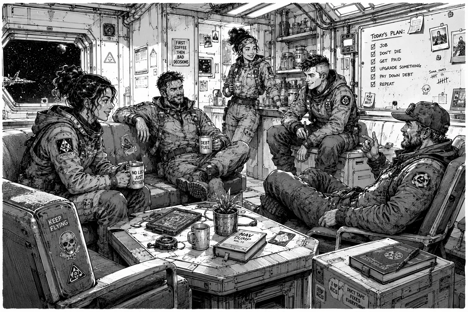 An Awake in the Black crew gathered in a ship lounge between jobs